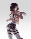  bad_id bad_pixiv_id belt black_eyes black_hair boots emblem jacket mikasa_ackerman moneko paradis_military_uniform scarf shingeki_no_kyojin short_hair thigh_strap training_corps_(emblem) 