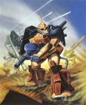  1980s_(style) bazooka_(gundam) beam_cannon cable cloud desert desert_zaku dom_(mobile_suit) dwadge dwadge_custom gun gundam gundam_zz machine_gun machinery mecha mecha_focus mobile_suit neo_zeon no_humans official_art one-eyed painting_(medium) radio_antenna realistic retro_artstyle robot ryukow_masseau sand scan scene_reference science_fiction shield traditional_media weapon 