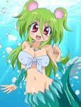  breasts green_hair jewelry large_breasts long_hair masako_(sabotage-mode) mermaid midriff monster_girl muromi-san namiuchigiwa_no_muromi-san necklace red_eyes scales seashell shell solo twintails 