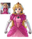 1girl absurdres blonde_hair blue_eyes blue_gemstone breasts clenched_hands closed_mouth commentary crown derivative_work dress earrings elbow_gloves english_commentary enma_(enmanuelart) eyelashes frown gem gloves highres jewelry long_hair looking_to_the_side mario_(series) medium_breasts pink_dress pink_lips princess_peach puffy_short_sleeves puffy_sleeves reference_inset screenshot_redraw short_sleeves sidelocks simple_background solo sphere_earrings the_super_mario_bros._movie upper_body white_background white_gloves 