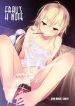  barefoot blonde_hair blush bottomless bra bra_removed cait camisole cover cover_page doujin_cover dr_pepper feet flat_chest food grin implied_footjob koujiro_frau long_hair messy mouth_hold navel nipples phallic_symbol pocky robotics;notes see-through sexually_suggestive smile solo strap_slip underwear wet wet_clothes yellow_eyes 