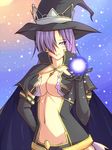  1girl blue_hair breasts cape crown elbow_gloves fatima gloves hair_over_one_eye hat jewelry luminous_arc luminous_arc_2 mebusu navel purple_eyes smile snow 