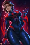  1girl ass_visible_through_thighs blue_bodysuit bodysuit breasts brown_hair closed_mouth commentary covered_collarbone covered_navel cowboy_shot english_commentary enma_(enmanuelart) eyelashes genderswap genderswap_(mtf) hand_up highres large_breasts light_frown lips looking_to_the_side marvel medium_hair miguel_o'hara nose patreon_logo patreon_username purple_background purple_eyes red_lips solo spider-man:_across_the_spider-verse spider-man_(2099) spider-man_(series) spider-verse thighs toned toned_female 