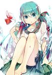  aqua_eyes aqua_hair barefoot bottle_miku feet fish hair_ribbon hatsune_miku highres long_hair ribbon school_uniform serafuku sitting skirt solo twintails very_long_hair vocaloid water wet white_background zanunoneko 