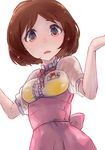  apron bob_cut bow bra brown_eyes brown_hair code-aa commentary_request eyelashes heart hidaka_ai highres idolmaster idolmaster_dearly_stars open_mouth see-through simple_background solo underwear wet wet_clothes white_background 
