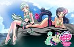  anklet bench blue_eyes bonbon_(mlp) bracelet breasts clothing cutie_mark duo equine female flip_flops friendship_is_magic hair hair_band horn horse human humanized jewelry looking_at_viewer lying lyra_(mlp) lyra_heartstrings_(mlp) mammal mauroz my_little_pony outside pony rock sea sitting sky towel two_tone_hair unicorn water yellow_eyes 