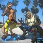 4_fingers abelisaurid abs anthro balls beach big_penis bodily_fluids candy carnotaurus ceratosaurid ceratosaurus claws clothed clothing dessert digitigrade dinosaur duo erection fingers food genital_fluids genitals hi_res huge_penis lollipop looking_at_viewer male male/male muscular muscular_male outside penis precum prehistoric_species presenting reptile saurischian scalie seductive theropod todex topless topless_male yo-yo