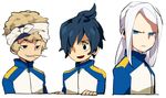  bad_id bad_pixiv_id blue_eyes blue_hair character_request hair_over_one_eye headband inazuma_eleven_(game) inazuma_eleven_(series) jacket male_focus motojima_hakka multiple_boys open_mouth raimon simon_(inazuma_eleven) simple_background track_jacket white_background white_hair 