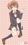  :d aiura amaya_kanaka blazer bow brown_eyes brown_hair hand_on_thigh jacket kneehighs loafers mizuki_makoto open_mouth pink_background polka_dot polka_dot_background school_uniform scrunchie shoes side_ponytail skirt smile solo v 