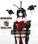  1girl absurdres animal_ear_hairband animal_ears arknights ass_visible_through_thighs black_collar black_jacket bluedok_(o-ni) blush boots breasts closure_(arknights) collar commentary_request covered_navel demon_tail demon_wings drone english_text fake_animal_ears hairband highleg highleg_leotard highres id_card jacket korean_commentary large_breasts leotard mixed-language_commentary off_shoulder open_clothes open_jacket parted_lips playboy_bunny rabbit_ear_hairband rabbit_ears red_leotard simple_background strapless strapless_leotard sweatdrop tail thigh_boots white_background white_boots wings 