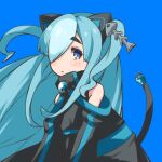  1girl :< animal_ears ansui_(ytgps1mpzyyfxeb) bare_shoulders black_dress blue_background blue_eyes blue_hair blush cat_girl closed_mouth clothing_cutout dress electric_plug electric_plug_tail fake_animal_ears fish_skeleton_hair_ornament floating_hair hair_over_one_eye high_collar long_hair looking_at_viewer nekotuka_b one_eye_covered shoulder_cutout simple_background solo tail thick_eyebrows two_side_up voicevox 