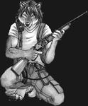  army backpack belt black_background black_claws black_nose canine cargo_pants crouching front_view full-length_portrait fur grey_fur grey_nails greyscale gun hands hindpaw holding kneeling knife lever-action looking_at_viewer low_res m1014 mammal monochrome paws pencil_(art) plain_background radio ranged_weapon shotgun snout solo weapon white_shirt wolf 