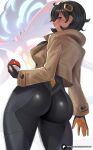  1girl absurdres ass black_bodysuit black_hair bodysuit bodysuit_under_clothes brown_jacket commentary dark-skinned_female dark_skin emma_(pokemon) enma_(enmanuelart) from_behind hair_ornament highres holding holding_poke_ball jacket looking_at_viewer looking_back malamar parted_lips patreon_username poke_ball pokemon pokemon_(creature) pokemon_legends:_z-a short_hair smile solo 