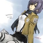  belt black_eyes black_hair boots emblem jacket mikasa_ackerman nanto_kanaru_(canal_grande) paradis_military_uniform scarf shingeki_no_kyojin short_hair solo thigh_strap three-dimensional_maneuver_gear training_corps_(emblem) 