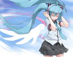  ahoge aqua_hair closed_eyes floating_hair hatsune_miku headphones long_hair lunaticprince necktie skirt solo twintails very_long_hair vocaloid wings 