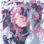  1girl black_bow black_gloves blue_eyes bow closed_mouth crown earrings envelope finger_to_mouth gem gloves hairband highres holding holding_letter holding_paper jewelry letter looking_at_viewer necklace original paper pearl_necklace pink_eyes pink_hair ribbon ring short_hair solo turtleneck upper_body watermark weibo_username weibo_watermark white_hairband wrist_bow yunouou10 