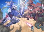 absurdres battle beam_cannon blue_sky cloud cloudy_sky commentary desert enact energy_beam gn_drive gn_particles gn_sword gundam gundam_00 gundam_exia gundam_virtue highres holding holding_sword holding_weapon light_particles mecha mecha_kaku_man mobile_suit no_humans robot science_fiction sky smoke sword v-fin weapon 
