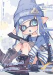  1girl :o absurdres artist_name beanie black_shorts blue_eyes blue_hair blue_hat blue_shirt blunt_bangs blush boots brown_boots full_body gun hat highres inkling inkling_girl inkling_player_character lace-up_boots long_hair long_sleeves looking_at_viewer mochizuki_inochi open_mouth shirt shorts sitting solo splatoon_(series) striped_clothes striped_shirt striped_sleeves tentacle_hair watermark weapon 