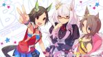  2021 3girls animal_ears armpits artist_name biwa_hayahide_(pf._winning_equation...)_(umamusume) biwa_hayahide_(umamusume) black_hair blue_eyes breasts brown_hair collarbone commentary_request copyright_notice cydesignationpr ear_ornament english_text forehead glasses hair_between_eyes hair_ornament hand_on_own_face horse_ears horse_girl horse_tail horseshoe_ornament jacket light_smile long_hair looking_at_viewer multiple_girls narita_taishin_(nevertheless)_(umamusume) narita_taishin_(umamusume) official_art open_mouth pink_jacket red_eyes sleeveless smile standing star_(symbol) star_symbol_background tail teeth umamusume upper_teeth_only v white_hair winning_ticket_(get_to_winning!)_(umamusume) winning_ticket_(umamusume) 