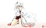  animal_ears arms_up breasts checkered checkered_floor detached_sleeves hat highres inubashiri_momiji inyuppo kneeling medium_breasts open_mouth pom_pom_(clothes) red_eyes simple_background skirt solo tail tokin_hat touhou white_background white_hair wolf_ears wolf_tail 