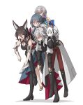  1boy 3girls absurdres animal_ear_fluff animal_ears bare_shoulders black_boots blue_hair boots breasts bronya_rand closed_mouth dirty dirty_clothes dirty_face dragongg66074 earrings english_commentary fox_ears fox_girl full_body grey_hair hair_between_eyes hair_over_one_eye highres honkai:_star_rail honkai_(series) jewelry jing_yuan large_breasts long_hair long_sleeves multiple_girls natasha_(honkai:_star_rail) one_eye_covered open_mouth pants ponytail red_pants simple_background standing tingyun_(honkai:_star_rail) white_background 