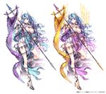  blue_hair breasts character_request cleavage full_body gradient_hair head_wings high_heels large_breasts long_hair looking_at_viewer million_arthur_(series) multicolored_hair multiple_views nardack purple_eyes purple_hair shoes simple_background smile staff two-tone_hair valkyrie variations white_background wings 