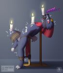 anthro ball_gag balls bdsm bondage bound candle chastity_cage chastity_device gag gagged generation_4_pokemon genitals hi_res looking_at_viewer male n1k0 nintendo pokemon pokemon_(species) restraints solo uncomfortable uncomfortable_pose wax wax_play weavile