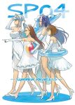  4girls b_suke ball bare_shoulders beachball blue_hair breasts brown_hair cleavage closed_eyes commentary_request crown detached_sleeves dress elbow_gloves english_text gloves goggles goggles_on_head hagiwara_yukiho hairband high_heels holding holding_ball idolmaster idolmaster_(classic) inflatable_dolphin inflatable_toy innertube large_breasts long_dress minase_iori mini_crown miura_azusa multiple_girls pointing shijou_takane short_dress side_slit small_breasts swim_ring tiara white_dress white_hair white_hairband 