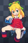  bare_shoulders blonde_hair boots chair detached_sleeves dress drinking_straw energy_tank feet_out_of_frame flat_chest green_eyes grin hair_ribbon knee_boots long_hair naughty_face om_(nk2007) panties ponytail red_skirt ribbon rockman rockman_(classic) roll sitting skirt smile solo spread_legs underwear upskirt wet wet_clothes wet_panties white_panties 