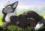  black_body black_claws black_nose black_pawpads blue_eyes canid canine canine_nose canis chest_tuft chin_rest claws cute_fangs dipstick_tail eye_reflection fangs glistening glistening_eyes grass grey_hair hair hi_res lends_flare looking_at_viewer lying male mammal mane mane_hair markings neck_tuft nightdancer_(character) on_grass on_ground on_side outside pawpads plant reflection semi-anthro simple_background smile smug smug_expresion solo spectralfox1521 tail tail_markings teeth tuft wolf 