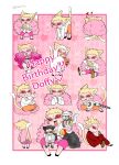  4boys absurdres baby_animal bird birthday_cake black_coat black_hair blonde_hair bottle cake cat_boy chibi chick coat donquixote_doflamingo donquixote_rocinante earrings eating food ghost_costume happy_birthday highres holding holding_bottle holding_brush holding_sword holding_weapon jewelry leg_hair multiple_boys naito_op one_piece pink_coat pink_shirt pom_pom_(cheerleading) pumpkin red_suit shirt short_hair smile suit sunglasses sword tongue tongue_out trafalgar_law v variations vergo_(one_piece) weapon white_shirt yellow_eyes 