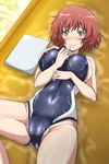  bad_id bad_pixiv_id banboro_(technobot) blush breasts brown_eyes cameltoe competition_swimsuit covered_navel covered_nipples kakumeiki_valvrave large_breasts nanami_rion one-piece_swimsuit red_hair short_hair sideboob smile solo swimsuit water wet whistle 