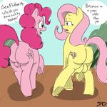  big_breasts breasts butt cutie_mark duo equine female feral fluttershy_(mlp) friendship_is_magic hair horse mammal my_little_pony open_mouth outside pink_hair pinkie_pie_(mlp) pony signature strangerdanger teats text tongue 