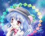  blouse blue_hair bow chibi finger_to_face food fruit hat hinanawi_tenshi leaf lightning long_hair looking_at_viewer open_mouth peach red_eyes sky solo sparkle star_(sky) starry_sky touhou tsukiori_sasa 