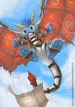  blue_hair blue_scales daintydragon dragon flying hair horn outside silverfox5213 solo wings 