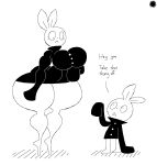 aliasing ambiguous_gender anthro artist_logo artist_name big_breasts bottom_heavy brandon_the_blank_bunny breasts clothing curvy_figure dialogue digital_media_(artwork) duo english_text eye_contact eyelashes female fur hi_res lagomorph leporid logo long_sleeves looking_at_another mammal monochrome on_model rabbit signature size_difference sweater text thatdawgmurray thick_thighs topwear turtleneck white_body white_fur wide_hips