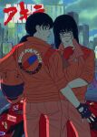  2girls akira_(manga) black_hair cdtxufre chainsaw_man clothes_writing cosplay cross_scar cyberpunk english_text gloves helmet highres holding holding_unworn_helmet jacket kaneda_shoutarou&#039;s_bike kaneda_shoutarou_(akira) kaneda_shoutarou_(akira)_(cosplay) leather leather_gloves long_hair looking_at_viewer low_twintails mitaka_asa motor_vehicle motorcycle multiple_girls open_mouth pants parody red_eyes red_jacket red_pants ringed_eyes scar scar_on_cheek scar_on_face scar_on_nose screenshot_inset solo tokyo_(city) twintails unworn_headwear unworn_helmet yoru_(chainsaw_man) 