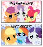  apple_bloom_(mlp) applejack_(mlp) begging blonde_hair blue_eyes bow cowboy_hat cub cutie_mark_crusaders_(mlp) english_text equine female feral friendship_is_magic green_eyes group hair hat horn horse mammal multi-colored_hair my_little_pony navel orange_eyes pegasus pink_hair pony pouting purple_eyes purple_hair rainbow_dash_(mlp) rainbow_hair rarity_(mlp) red_hair scootaloo_(mlp) sweetie_belle_(mlp) text two_tone_hair unicorn wings yampuff young 