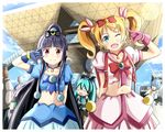  alpha_omega alpha_omega_(cosplay) ayanami_rei backpack bag black_hair blue_eyes cosplay crescent crescent_hair_ornament gloves gokou_ruri hair_ornament hatsune_miku highres hoshikuzu_witch_meruru kousaka_kirino long_hair meruru_(oreimo) meruru_(oreimo)_(cosplay) midriff mole mole_under_eye multiple_girls navel neon_genesis_evangelion one_eye_closed orange_hair ore_no_imouto_ga_konna_ni_kawaii_wake_ga_nai ponytail purple_eyes tokyo_big_sight twintails vocaloid xyomouse 