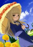  aksman bad_id bad_pixiv_id blonde_hair bridge brown_eyes cloud day flower glasses long_hair looking_at_viewer outdoors parasol perrine_h_clostermann sky smile strike_witches tree umbrella world_witches_series 