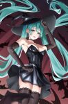  1girl :d absurdres aqua_eyes aqua_hair arm_tattoo armpit_crease ass_peek bat_(animal) black_choker black_dress black_gloves black_hat black_thighhighs breasts choker cleavage commentary cowboy_shot dress elbow_gloves english_commentary floating_hair from_below gloves hair_between_eyes halloween halloween_costume hand_up hat hatsune_miku highres lace-trimmed_gloves lace-trimmed_thighhighs lace_trim large_hat latex latex_dress long_hair looking_at_viewer medium_breasts number_tattoo open_mouth smile solo star_(sky) starry_sky_background tattoo teeth thighhighs tongue trixie_(trixiex33) twintails upper_teeth_only very_long_hair vocaloid witch_hat zettai_ryouiki 