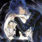  2boys ayuko_1018 black_hair black_jacket black_pants blue_hair blue_ribbon closed_eyes closed_mouth commentary_request commission digital_media_player digital_walkman feet_out_of_frame finger_to_own_chin full_moon gekkoukan_high_school_uniform green_eyes hair_over_one_eye hair_slicked_back highres holding_moon jacket leaning_on_object looking_at_viewer male_focus mini_person miniboy mochizuki_ryouji mole mole_under_eye moon multiple_boys night night_sky open_clothes open_jacket pants persona persona_3 ribbon scarf school_uniform short_hair sitting size_difference sky smile star_(sky) starry_sky_background suspenders walkman_nw-s203f yellow_scarf yuuki_makoto_(persona_3) 