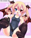  bat_wings between_legs blonde_hair breasts character_request copyright_request covered_nipples demon_tail fang feet head_wings heterochromia long_hair nail_polish one-piece_swimsuit pointy_ears school_swimsuit small_breasts solo swimsuit tail tail_between_legs thighhighs toki_ai twintails wings 