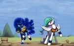  clothing crossover dragon_ball dragon_ball_z equine female feral friendship_is_magic glowing goku green_eyes horn horse mammal my_little_pony navel pony princess princess_celestia_(mlp) princess_luna_(mlp) purple_eyes royalty scouter shirt sibling valcron vegeta winged_unicorn wings 