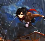  belt black_hair boots brown_eyes dual_wielding emblem holding jacket mikasa_ackerman paradis_military_uniform rain scarf shingeki_no_kyojin short_hair solo sword thigh_strap three-dimensional_maneuver_gear training_corps_(emblem) weapon xinjing 