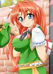  blue_eyes blush breasts brick_wall gift hat hat_removed headwear_removed hong_meiling kokujuuji large_breasts long_hair orange_hair smile solo touhou 