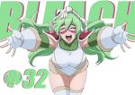  1girl :d ^_^ anime_coloring arm_guards armor bent_over bleach bleach:_sennen_kessen-hen breasts closed_eyes commentary_request copyright_name cowboy_shot episode_number eyelashes facial_mark facing_viewer fingerless_gloves floating_hair fur-trimmed_leotard fur_trim furrowed_brow gloves green_hair happy highres incoming_hug large_breasts leotard long_hair nelliel_tu_odelschwanck official_alternate_costume official_artist_extra official_style open_mouth outstretched_arms outstretched_hand round_teeth sha11021997 shoulder_armor simple_background skull_on_head smile solo straight-on teeth thick_eyebrows thighs upper_teeth_only very_long_hair white_background white_gloves white_leotard 