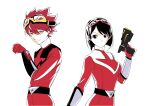  1boy 1girl angrynerd_c black_eyes black_hair bodysuit breasts brown_hair digimon digimon_story:_time_stranger goggles goggles_on_head gun highres holding holding_gun holding_weapon mirai_sentai_timeranger red_bodysuit simple_background super_sentai time_fire time_red upper_body weapon white_background yellow_eyes yuuki_dan yuuki_kanan 