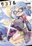  1girl :p absurdres artist_name black_shorts blue_eyes blue_hair blunt_bangs blush closed_mouth full_body glasses green_socks grey_jacket grey_shoes highres inkling inkling_girl inkling_player_character jacket long_sleeves looking_at_viewer mochizuki_inochi pointy_ears ribbed_socks round_eyewear sample_watermark shoes short_hair shorts smile socks solo splatoon_(series) tentacle_hair thick_eyebrows tongue tongue_out watermark 