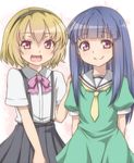  bangs blonde_hair blue_hair blunt_bangs bow bowtie cosplay costume_switch dress fang furude_rika hairband hand_on_another's_shoulder higurashi_no_naku_koro_ni houjou_satoko long_hair looking_at_viewer multiple_girls necktie open_mouth pink_bow puffy_sleeves purple_eyes sailor_dress short_hair short_sleeves skirt smile standing suspenders tori_(minamopa) 